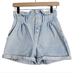 Zara High Rise Button Fly Paperbag Waist Denim Jean Shorts XS